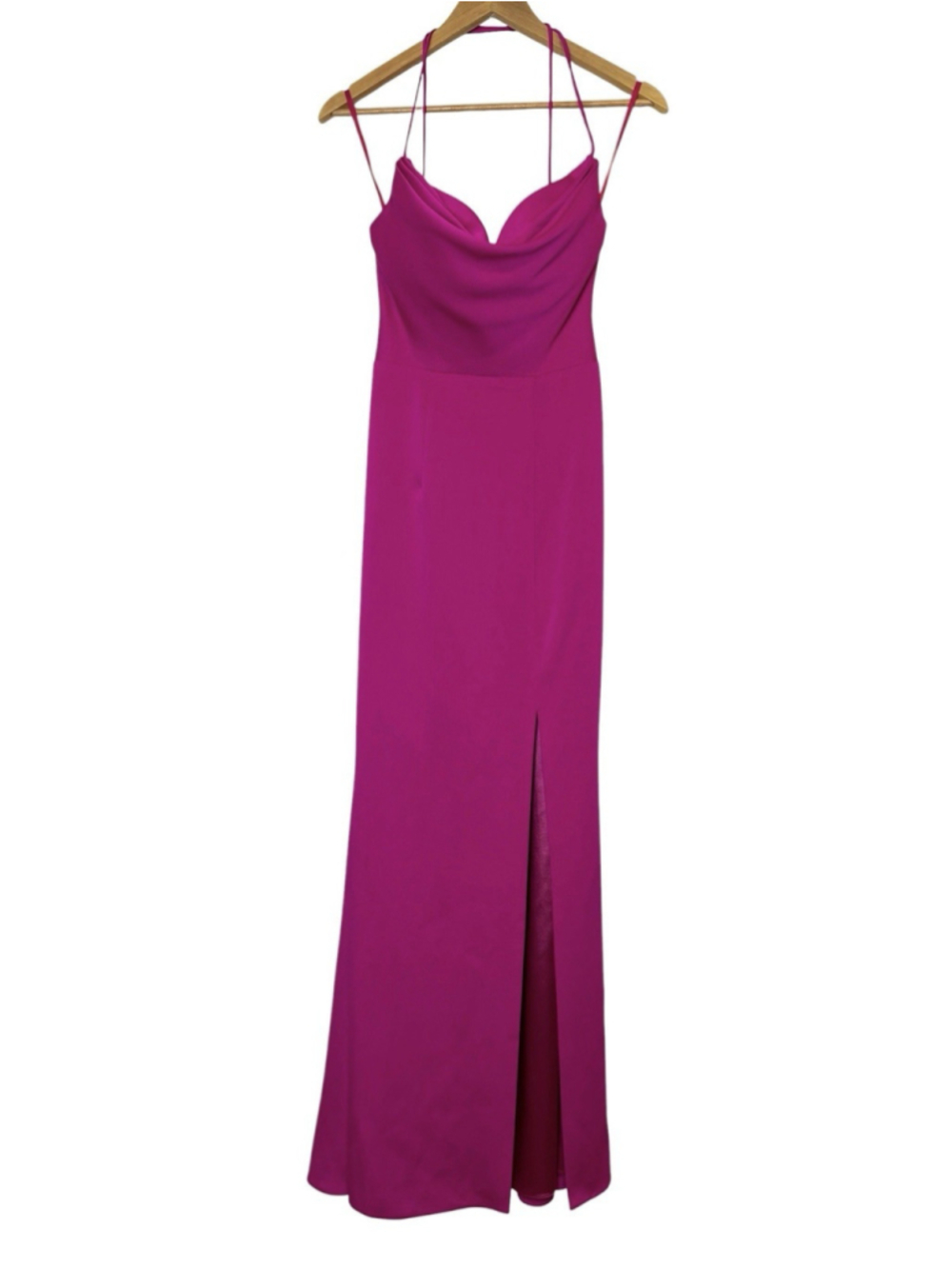 Bariano Formal Gown Maxi Dress US 2 Hot Pink Satin Cowl Neck Bodycon Lace Up